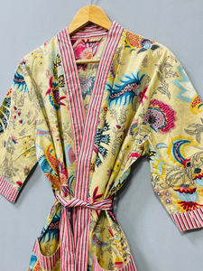 Kimono de Verano Estampado Mukut, Estilo Bohemio, Cuello en V, 100% Algodón, Cierre con Cordón, Lujoso, Casual, Largo, para Descansar - Product Image 5