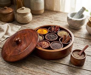 Sheesham Wood Masala <b>Box</b> with Compartments <b>Wooden</b> Spoon for Kitchen Storage - Product Image 5