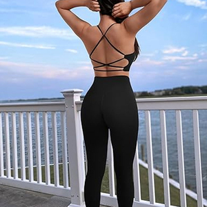 Ensemble de leggings de yoga noirs taille haute, longueur intégrale, couleur unie, côtelés, en Spandex et Polyester, pour femme, pantalon d'entraînement sans couture à taille élastique - Product Image 5