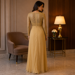 Robe de soirée longue en mousseline de soie à paillettes dorées de luxe, élégante, à manches longues, pour soirée formelle, mariage, cocktail, bal, pour femmes - Product Image 4