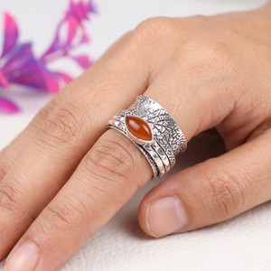 Top Quality Vintage Sterling Silver Spinner <b>Ring</b> with Orange Carnelian Stone Handmade Boho Wide Band <b>Statement</b> Jewelry For Women - Product Image 1