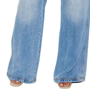 Pantalon large en jean délavé bleu clair pour femme, taille élastique avec cordon de serrage, coupe décontractée, jean décontracté avec poches, tendance - Product Image 5