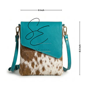 Sac bandoulière en cuir de vachette turquoise avec poils, petit sac à bandoulière pour usage quotidien, homme et femme - Product Image 3