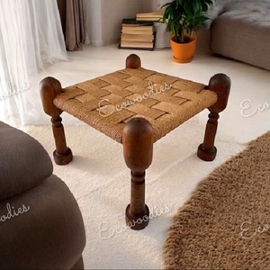 Customised Versatile Handcrafted Wooden <b>Stool</b> With Woven Jute or Cane Seat Square Ottoman for Indoor Outdoor Apartments - Product Image 3