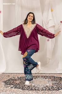 Designer Fancy Faux Georgette with Real-<b>Mirror</b> Hand-work Neck Long-Top & Cotton-Denim Embroidery Jeans Pair Worldwide Supplier - Product Image 4