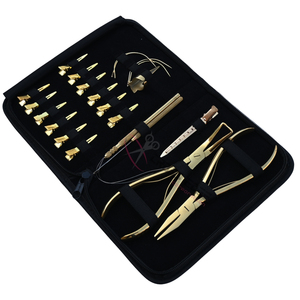 Elite Gold Hair Extension tools Kit with 7 Inch Flat Beads Crimping Plier Microlink Removal Tool Needles <b>Hook</b> Loop Styling <b>Clips</b> - Product Image 1