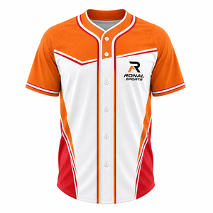 Maillot de baseball pour homme RONAL SPORTS à manches courtes, orange, blanc, rouge, avec blocs de couleur, boutons sur le devant, vêtements respirants - Product Image 1