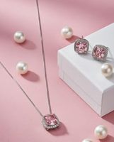 Ensemble de bijoux en zircon rose, collier, bague et boucles d'oreilles en laiton plaqué platine pour femmes, cadeau