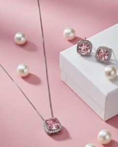 Ensemble de bijoux en zircon rose, collier, bague et boucles d'oreilles en laiton plaqué platine pour femmes, cadeau - Product Image 2