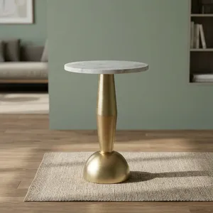 Modern Round White Marble Top <b>Side</b> <b>Table</b> with Brushed <b>Gold</b> Metal Pedestal Base Luxury Accent Furniture for Elegant Living Spaces - Product Image 6