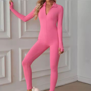 Combinaison longue en tricot rose pour femme, taille haute, fermeture éclair, coupe ajustée, couleur unie, tenue décontractée - Product Image 2