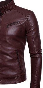 <b>Men's</b> Slim Fit Leather <b>Jacket</b> Moto <b>Biker</b> Style Stand Collar Zipper Closure Autumn Wear - Product Image 4