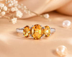 Luxury 925 Sterling Silver Rhodium Finish Orange Oval Cut Gemstone Trilogy <b>Ring</b> with Elegant Prong Setting for Women - Product Image 3