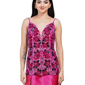 Robe de soirée de luxe rose vif à fleurs et perles, bretelles spaghetti, fente haute, en satin, pour bal de promo - Product Image 6