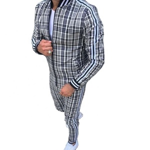 2021 Latest Style Men's Check Print Sublimated Bomber <b>Jacket</b> Tracksuit Zip Enclosure Ribbed Hem & Cuffs Stripe Zipper Sweat Suit - Product Image 1