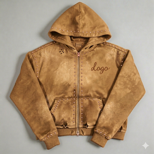 Sweat à capuche pour homme personnalisé, style streetwear, coupe ample à épaules tombantes, en molleton 100% coton, fermeture éclair, avec rivets et strass, grammage lourd - Product Image 5