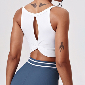 Débardeur tricoté jaune pour femme avec dos ajouré et col rond, gilet sans manches sportif pour le yoga et l'entraînement physique - Product Image 4