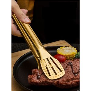 Gold Stainless Steel Food Tongs Heavy Duty Bread Salad Serving Tong Perforated Buffet <b>BBQ</b> Grill Tongs Metal Kitchen Utensils - Product Image 2