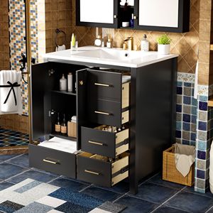 Mobile bagno freestanding da 30 pollici con 4 cassetti, telaio in legno massello e lavabo in resina - Combinazione mobiletto contenitore per bagno - Product Image 1