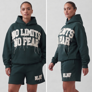 Conjunto de Sudadera con Capucha y Pantalones Cortos de Felpa de Algodón de 550 g/m² con Hombros Caídos, Bordado Desgastado, de Dos Piezas, para Invierno - Product Image 5