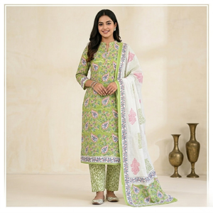 Traje Punjabi Ecológico Blanco y Verde con Estampado Floral |   Conjunto de Kurti y Pijama de Algodón Hecho a Mano con Estampado de Bloques y Borde Decorativo |   Maestro de Sarong Indio - Product Image 6