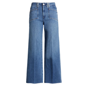 High Waist Womens Wide Leg <b>Denim</b> Jeans Patch Pocket Cropped Raw Hem Blue <b>Stretch</b> Pants Streetwear Style - Product Image 4