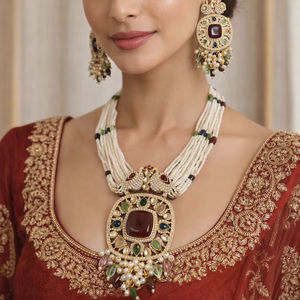 Traditional Trendy Ethnic Silver Plated Brass Kundan <b>Pearl</b> Necklace <b>Set</b> with Matching Earrings for Wedding Anniversary Party - Product Image 1