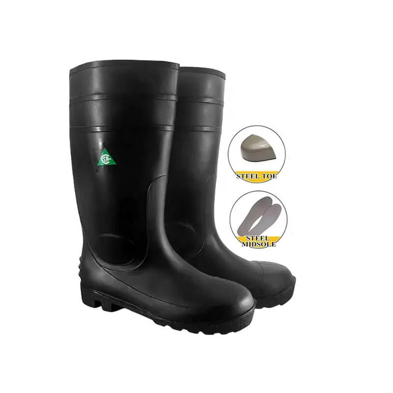 Canada Standard Certificate Z195-14 Black 40cm Knee High Waterproof Non Slip Steel Toe and Plate PVC Rubber Gum Safety Rain Boot