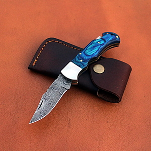 Couteau de poche utilitaire haut de gamme en acier Damas de qualité industrielle, pointe tombante, fait main, OEM, pour survie en extérieur, manche en bois Pakka, garantie 3 ans - Product Image 1