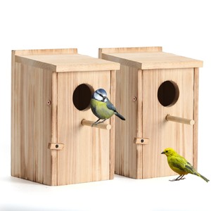 Handcrafted Acacia Wood Rectangle Birdhouse Set-Tabletop Installation Hand-Painted Botanical Design Wholesale - Product Image 1