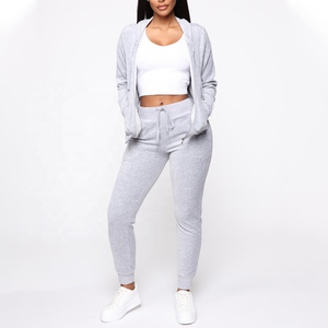 Comfortable Wholesale <b>Women's</b> Grey Zip Up Hoodie Long Sleeve Jogger Set 2 Piece <b>Tracksuit</b> Sporty Casual <b>Velour</b> <b>Women</b> Sporty Set - Product Image 1
