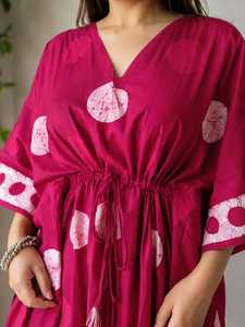 Pink Floral Printed 100% Cotton <b>Kaftan</b> Dress Collarless Neckline Loose Fit Midi Boho Casual <b>Summer</b> Wear Drawstring Elastic Waist - Product Image 2