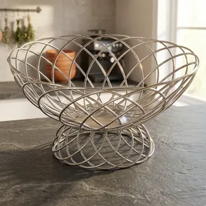 Panier de rangement pour légumes en fil métallique avec couvercle en bois, panier à fruits pour l'organisation du comptoir de la cuisine - Product Image 3