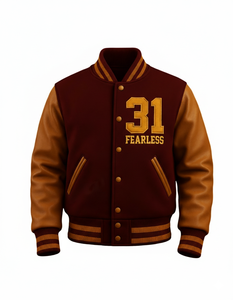 เสื้อแจ็คเก็ตบอมเบอร์ Unisex FEARLESS 31 นิ้ว - แบบสั่งทำพิเศษ ด้านหน้าสีน้ำตาลแทน สไตล์ Letterman กันน้ำ เหมาะสำหรับใส่ในคลับ ทีม หรือแบบส่วนตัว - Product Image 1