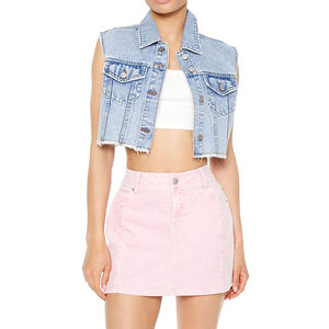 เสื้อแจ็คเก็ตยีนส์ผู้หญิงดีไซน์ใหม่ขายส่ง สตรีทแวร์ ผ้าฝ้าย 100% ยืดได้ ล้างสีแบบแอซิด แจ็คเก็ตครอปท็อป เสื้อแจ็คเก็ตแขนกุดผู้หญิง - Product Image 1