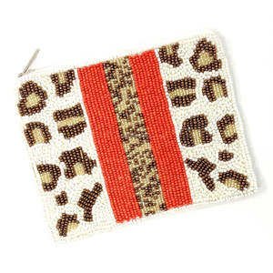 Hand Embroidered Leopard Print Zipper Closure Mini <b>Purse</b> Clutch with <b>Red</b> Stripe for Women Party Travel Gift Use - Product Image 1