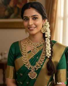 Conjunto de Collar, Pendientes y Tikka Religiosos Tradicionales de Aleación Chapada en Oro Antiguo con Perlas y Circonitas |   Regalo de Boda del Sur de la India - Product Image 1