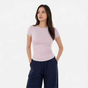 Camiseta de Cuello Redondo para Mujer, Corte Ajustado, Estilo Básico Y2K, Camiseta Lisa de Manga Corta para Mujer - Product Image 1