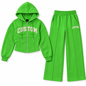 Ensemble de survêtement pour femme vert avec sweat à capuche zippé et pantalon large, broderie universitaire personnalisée, sweats à capuche zippés style corset, streetwear, OEM, vente en gros - Product Image 3