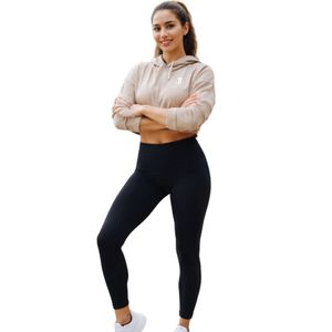 Women's Beige Cropped Hoodie & <b>Black</b> High Waist <b>Leggings</b> Two Piece Activewear Workout Set - Product Image 5
