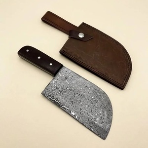 Cuchillo de carnicero hecho a mano de acero de Damasco de grado industrial con mango de madera y funda de cuero para acampar al aire libre - Product Image 3