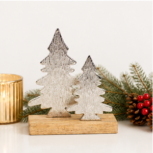 Handcrafted Silver Aluminum Metal Christmas <b>Tree</b> Sculpture On Natural Mango Wood Base For <b>Tabletop</b> Holiday Home & Office Decor - Product Image 6