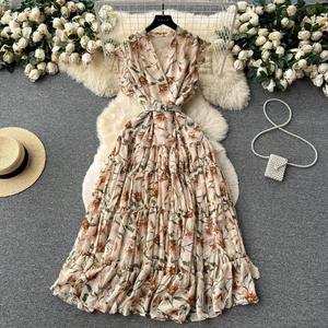 เดรสยาวลายดอกไม้สไตล์วินเทจฝรั่งเศสสำหรับผู้หญิง แขนกุด คอปก  ลำลอง  หรูหรา  เหมาะสำหรับงานปาร์ตี้  ชายหาด  ฤดูร้อน - Product Image 5