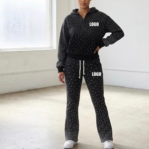 Ensemble 2 pièces mode femme : Haut à capuche et pantalon évasé en polaire, survêtement d'hiver tissé taille haute 100% molleton - Product Image 1