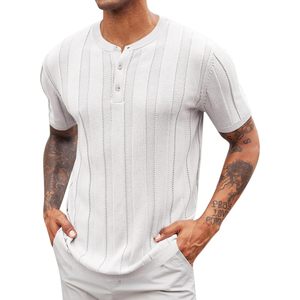 2025 hommes décontracté coton tricot texturé Stretch pull pull à manches courtes Henley chemises - Product Image 1
