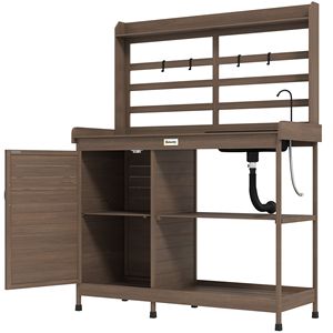 Panca da Giardino/Patio in Legno Marrone Scuro con Vano Portaoggetti, Lavello e Rubinetto - Product Image 1