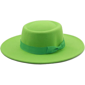 Green Wide Brim Fedora <b>Hat</b> With Bow Band Unisex Casual Spring <b>Summer</b> Adult Solid Color Wool Felt <b>Hat</b> New Style Luxury Handmade - Product Image 2