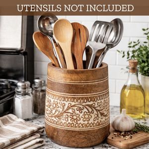 Grand porte-ustensiles de cuisine en bois de manguier, style ferme, sculpté à la main, organiseur de spatules, personnalisé, vente en gros, fait main - Product Image 6