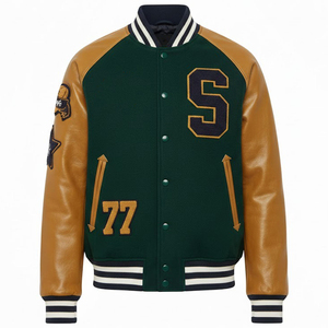 Chaqueta Varsity Verde para Hombre, Nueva, con Mangas de Cuero PU, Logotipo S Bordado y Número 77, Estilo Preppy, para Otoño, Chaqueta de Béisbol - Product Image 1