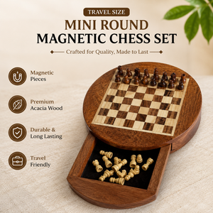 Travel Size Mini Round Magnetic <b>Chess</b> <b>Set</b> | Handmade <b>Wooden</b> Folding <b>Chess</b> Board with Storage | Portable Strategy Game for Kids - Product Image 4